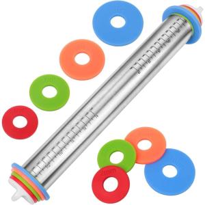 imageRolling Pin with Thickness Rings and Silicone Baking Mat Adjustable Stainless Steel Rolling Pins for Pasta or Sugar Decorating Cookies Bread Making Tools Fondant Roller for Dough Dumpling RavioliSilver