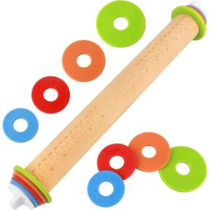 imageRolling Pin with Thickness Rings and Silicone Baking Mat Adjustable Stainless Steel Rolling Pins for Pasta or Sugar Decorating Cookies Bread Making Tools Fondant Roller for Dough Dumpling RavioliNatural Wood
