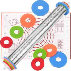 imageRolling Pin with Thickness Rings and Silicone Baking Mat Adjustable Stainless Steel Rolling Pins for Pasta or Sugar Decorating Cookies Bread Making Tools Fondant Roller for Dough Dumpling RavioliRed
