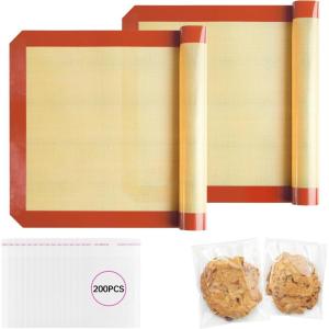 imageSilicone Baking Mat 2Pack NonStick Food Safe ampamp 157quotx118quot Reusable Silicone Mats  200Pcs Cookies Bags for Baking Oven Baking Sheet for Making Cookies Macaroons BreadRed2 Pack