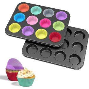 imageWIBIMEN Muffin Pan with 12 Silicone Cupcake Baking Cups  Nonstick Regular Size Cupcake Pan  Reusable Muffin Tin Baking Pans Set for Making Muffin Cakes Tart Bread1PCS 12Cup Regular2PCS 12Cup Regular