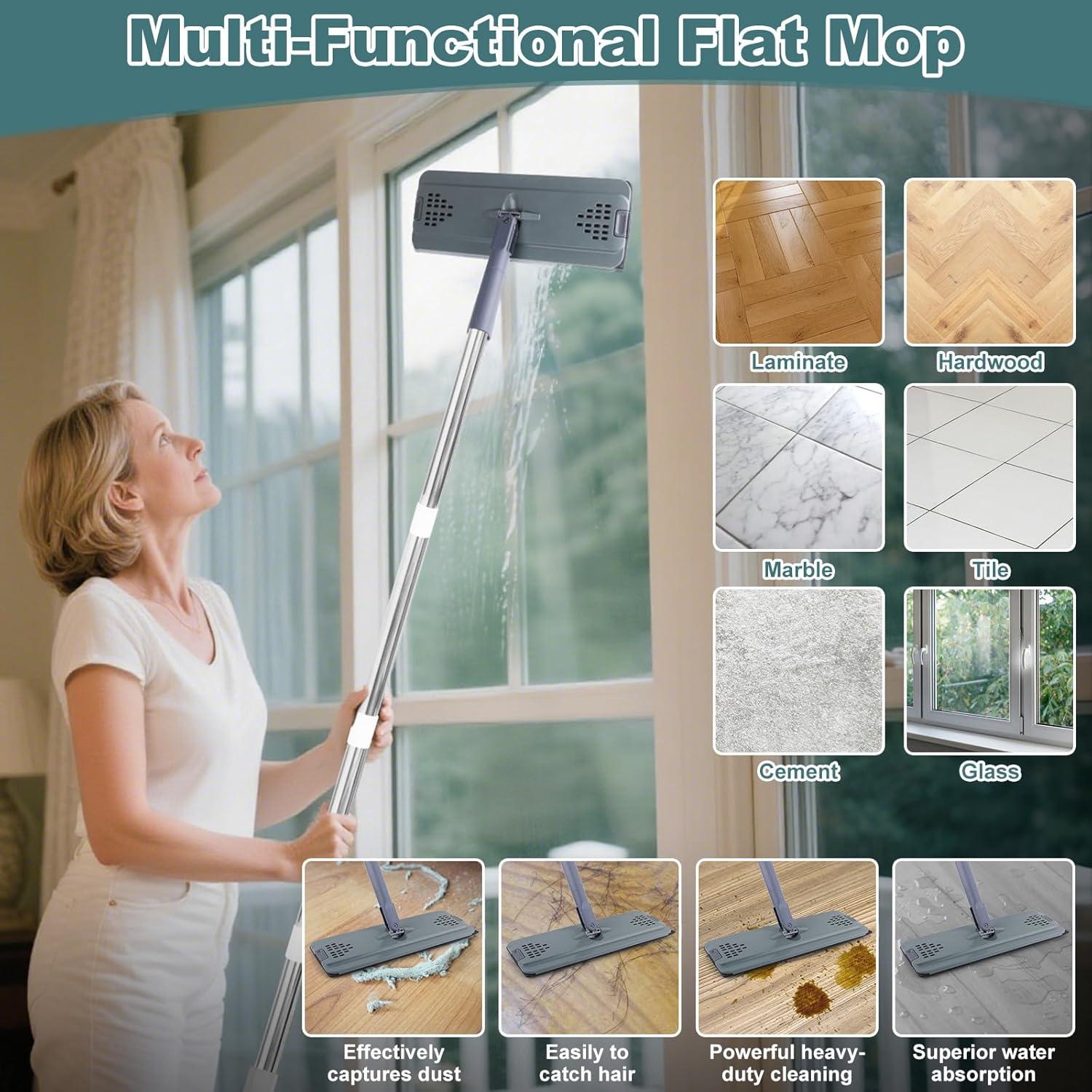 imageFlat Mop with 3 Pads Microfiber Mops for Floor Cleaning Adjustable Handle 2949 Dust Mop for Hardwood Floors Wet Dry Use on Laminate Wood Tile Vinyl Wall Mopping Bathroom Kitchen Household SuppliesMedium